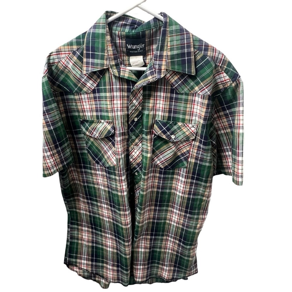 VTG Wrangler Western Shirt Mens 17 Tall Red Plaid Pearl Snap Cowboy Rockabilly